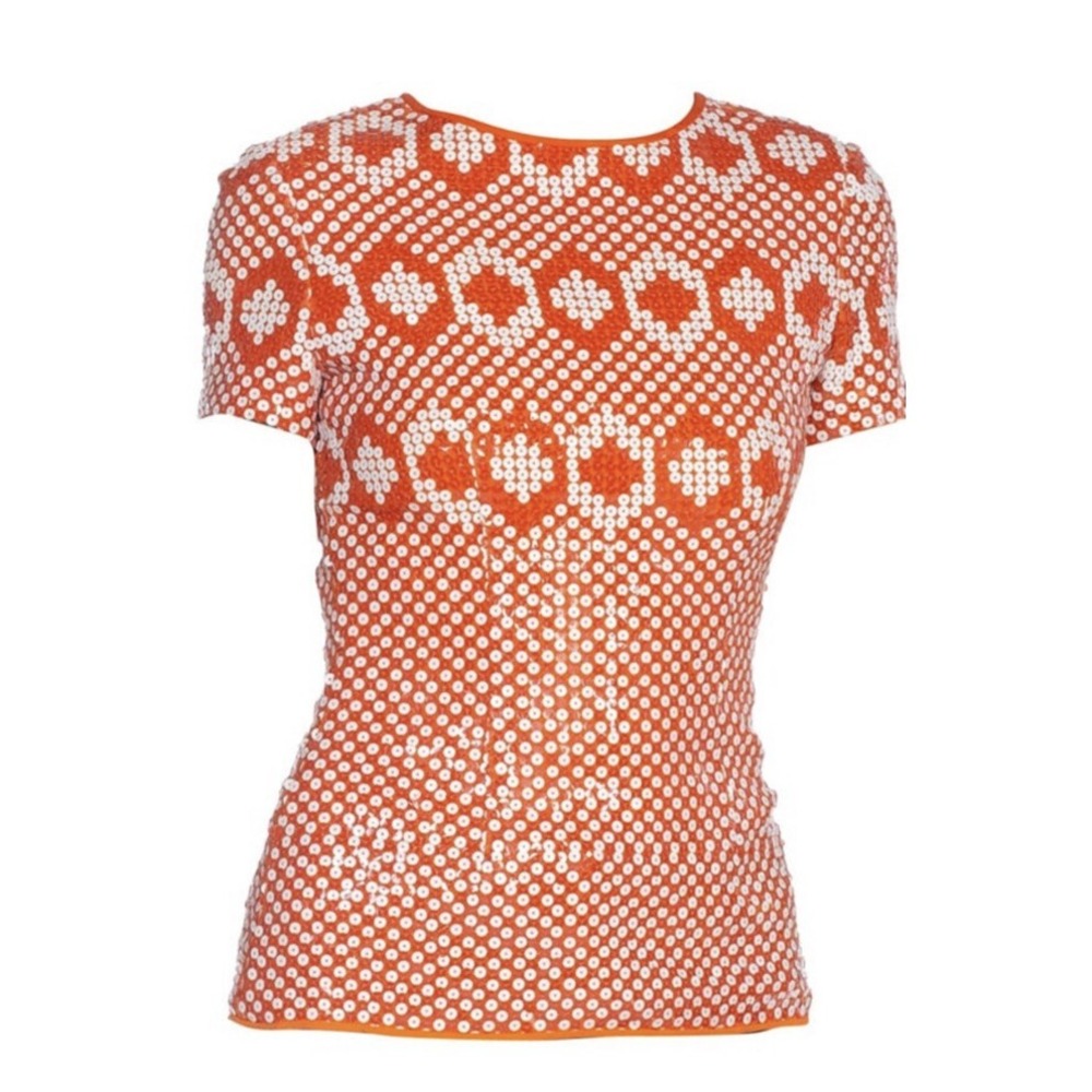 Vintage Pierre Cardin 1960s Orange & White Sequin Geometric Silk Op Art Mod Top